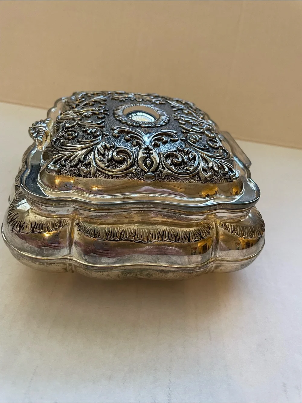 Vintage Godinger Silverplate Victorian Ornate Jewelry Box Red Velvet Lining